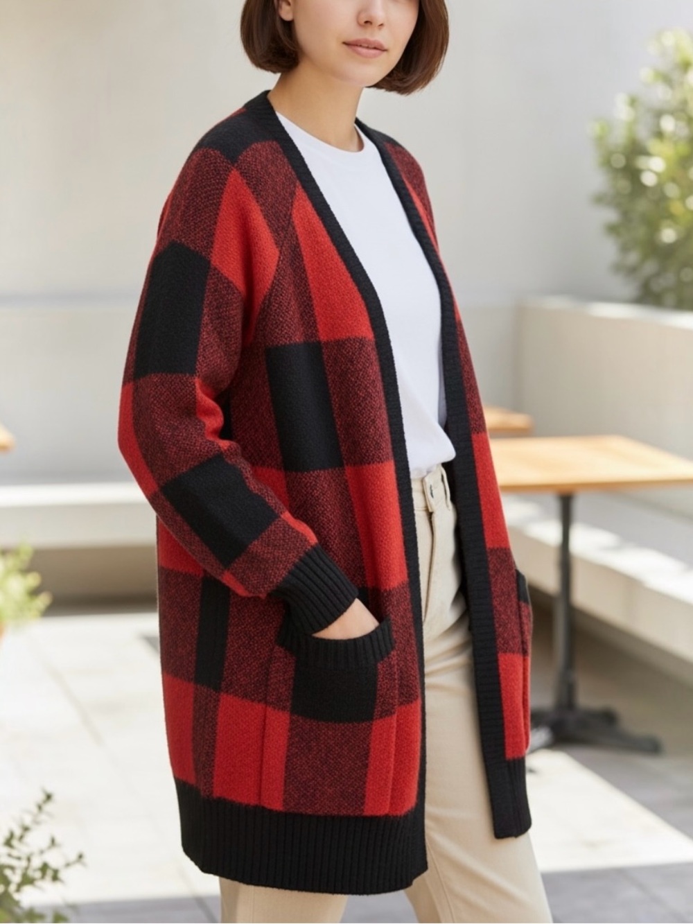 Lucky Brand Women’s Wool Blend Plaid Open Front Longline Cardigan Sweater Size M